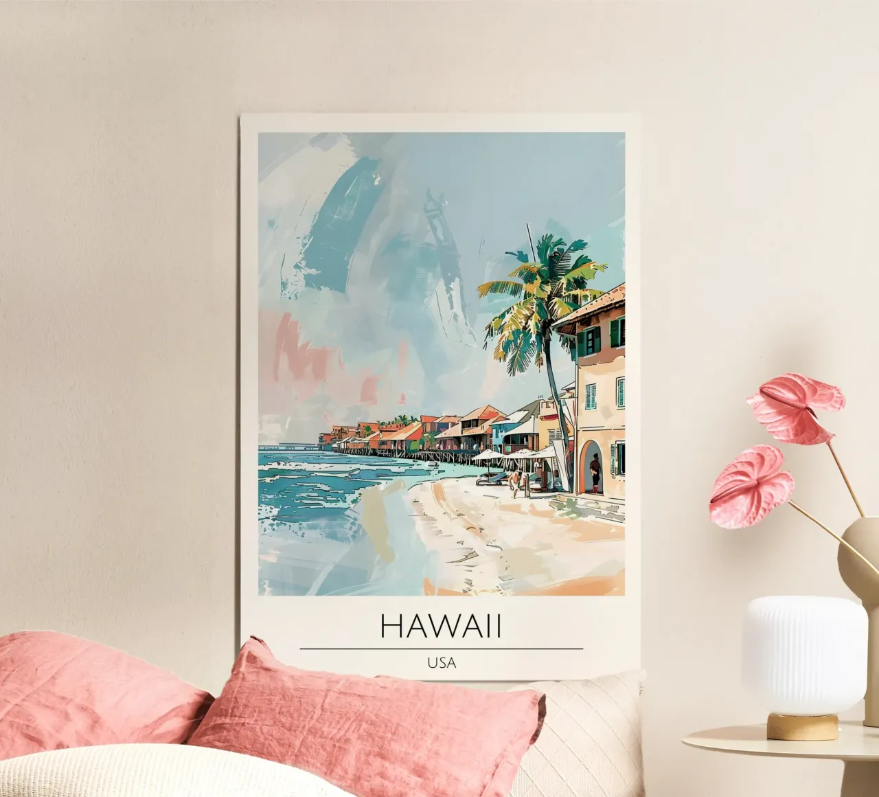 Poster da viaggio costiero pop art sulla spiaggia delle Hawaii poster con telaio in alluminio da homdeco