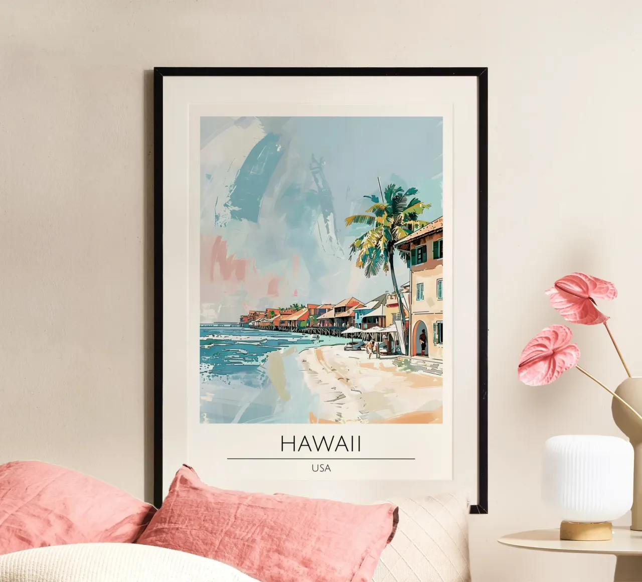 Poster da viaggio costiero pop art sulla spiaggia delle Hawaii poster con telaio in alluminio da homdeco