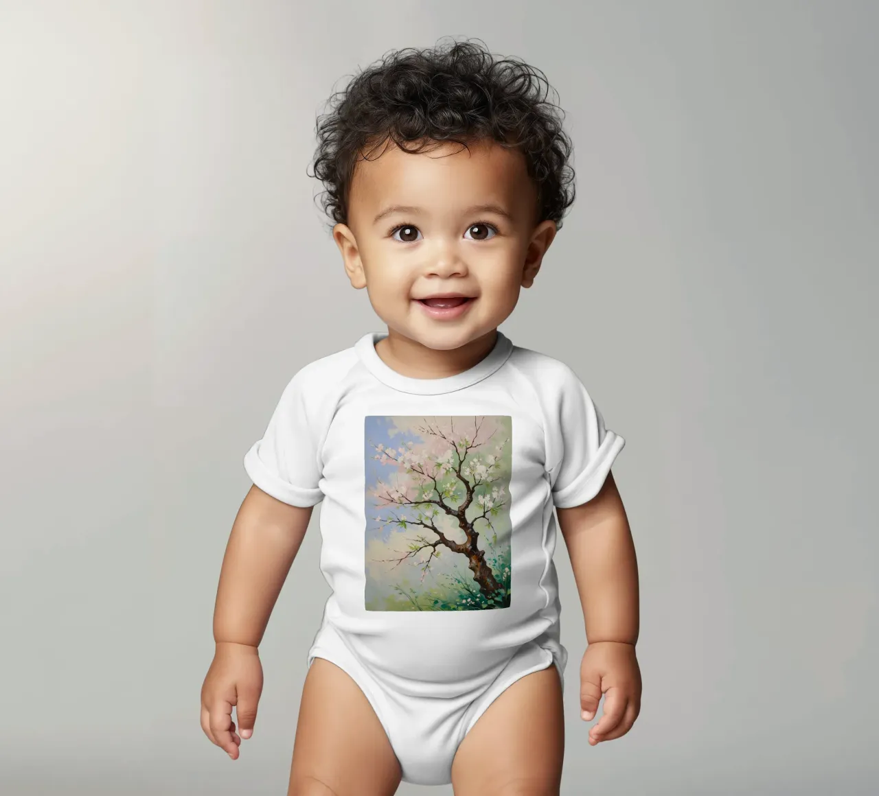 Serenità in fiore: Un vibrante dipinto a olio di un albero di ciliegio body neonato maniche corte da Artistic-shop