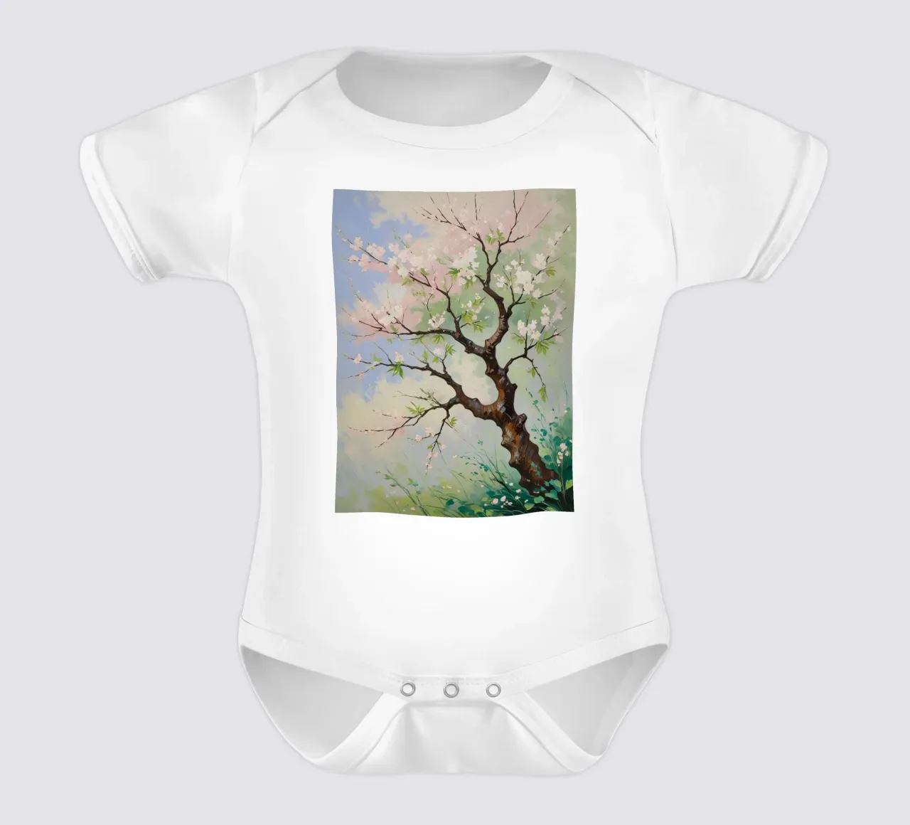 Serenità in fiore: Un vibrante dipinto a olio di un albero di ciliegio body neonato maniche corte da Artistic-shop