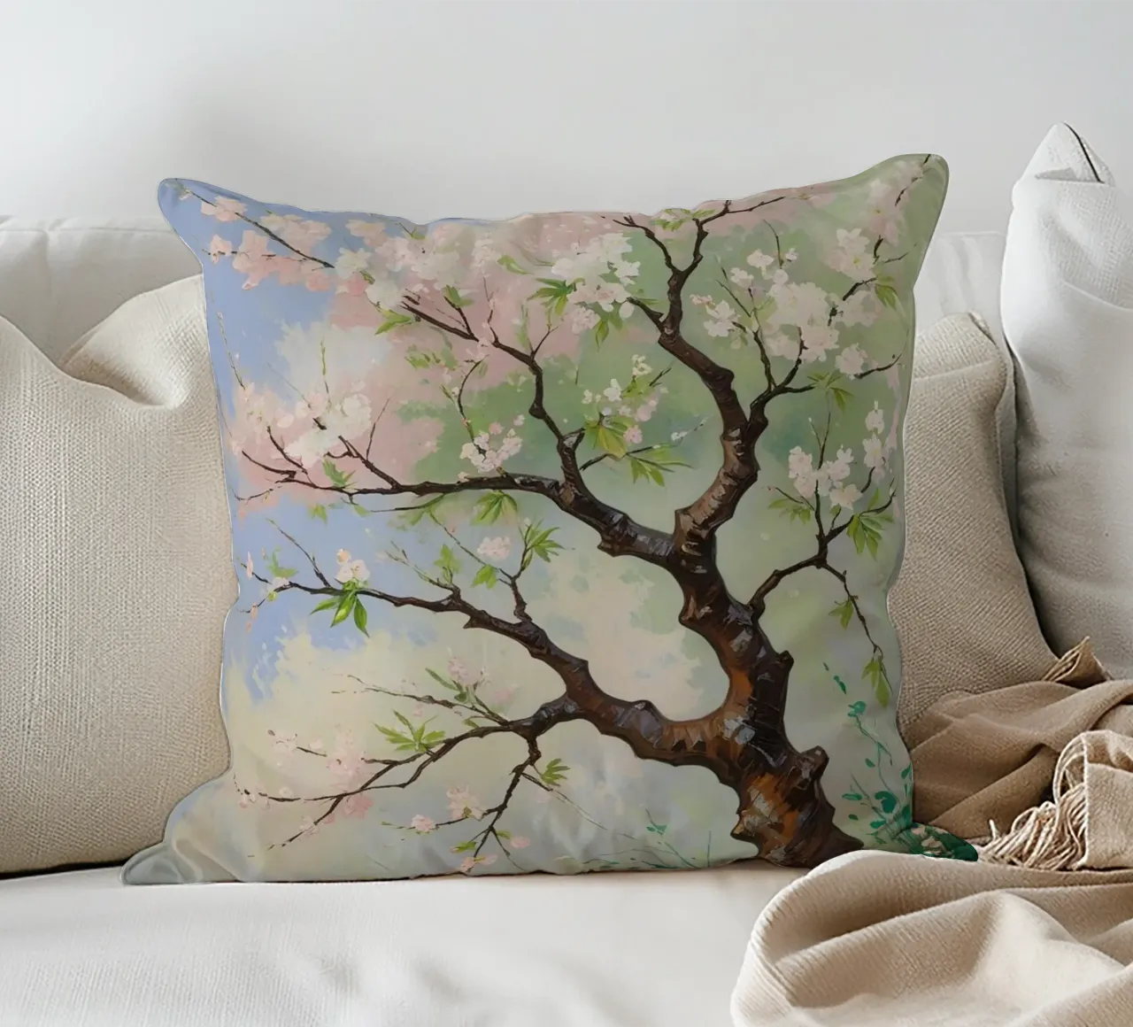 Serenità in fiore: Un vibrante dipinto a olio di un albero di ciliegio cuscino da Artistic-shop