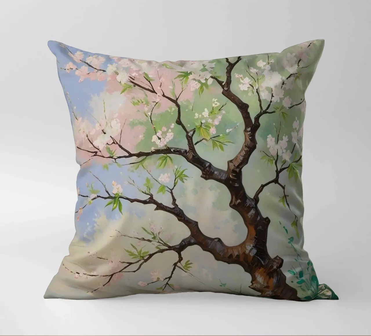 Serenità in fiore: Un vibrante dipinto a olio di un albero di ciliegio cuscino da Artistic-shop