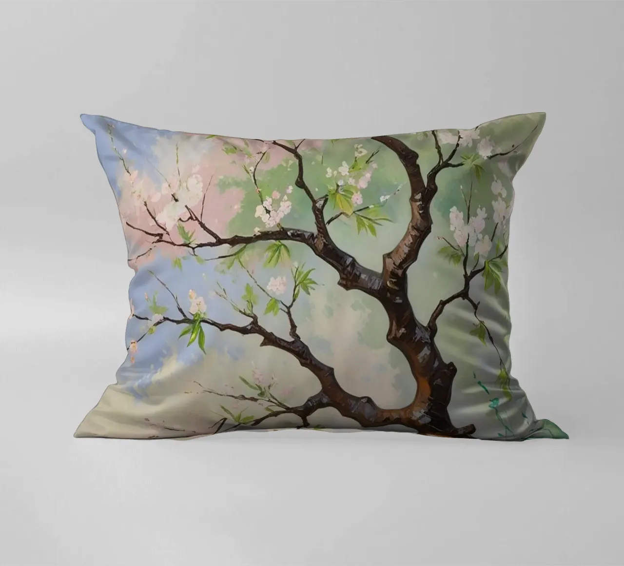 Serenità in fiore: Un vibrante dipinto a olio di un albero di ciliegio cuscino da Artistic-shop