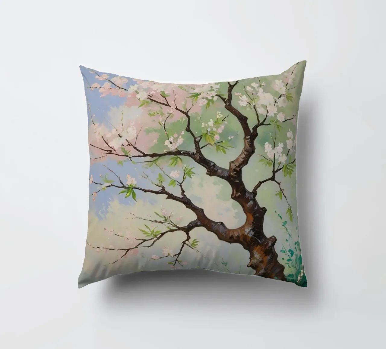 Serenità in fiore: Un vibrante dipinto a olio di un albero di ciliegio cuscino da Artistic-shop
