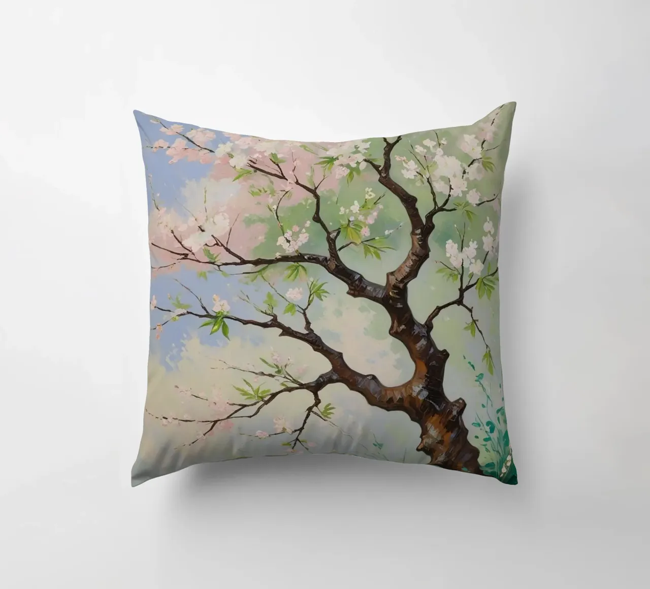 Serenità in fiore: Un vibrante dipinto a olio di un albero di ciliegio cuscino da Artistic-shop