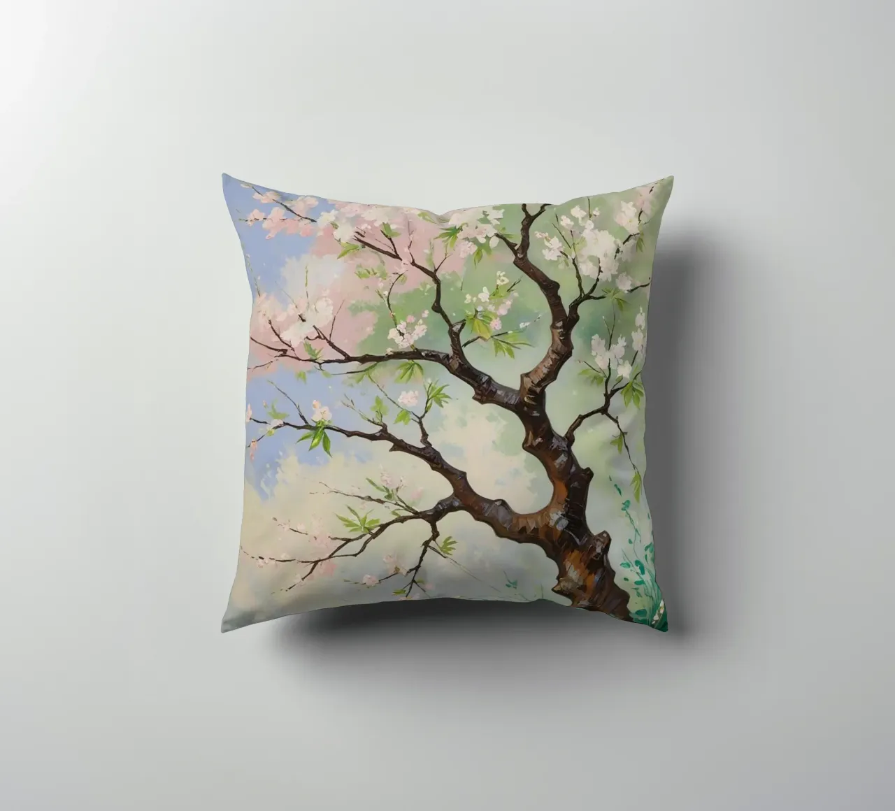 Serenità in fiore: Un vibrante dipinto a olio di un albero di ciliegio cuscino da Artistic-shop