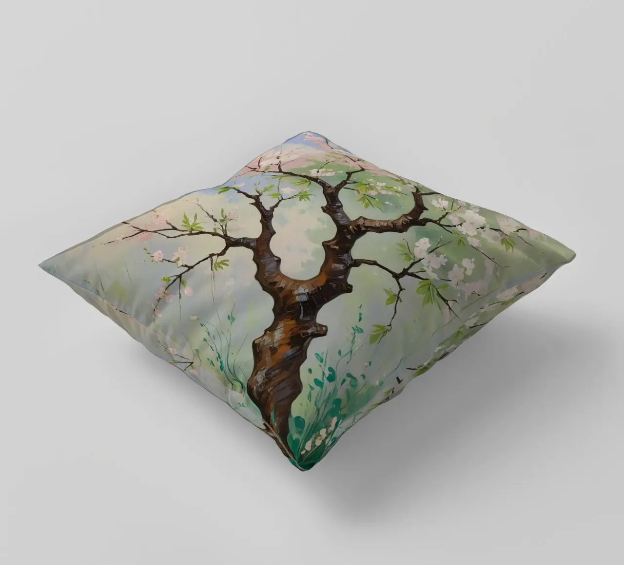 Serenità in fiore: Un vibrante dipinto a olio di un albero di ciliegio cuscino da Artistic-shop