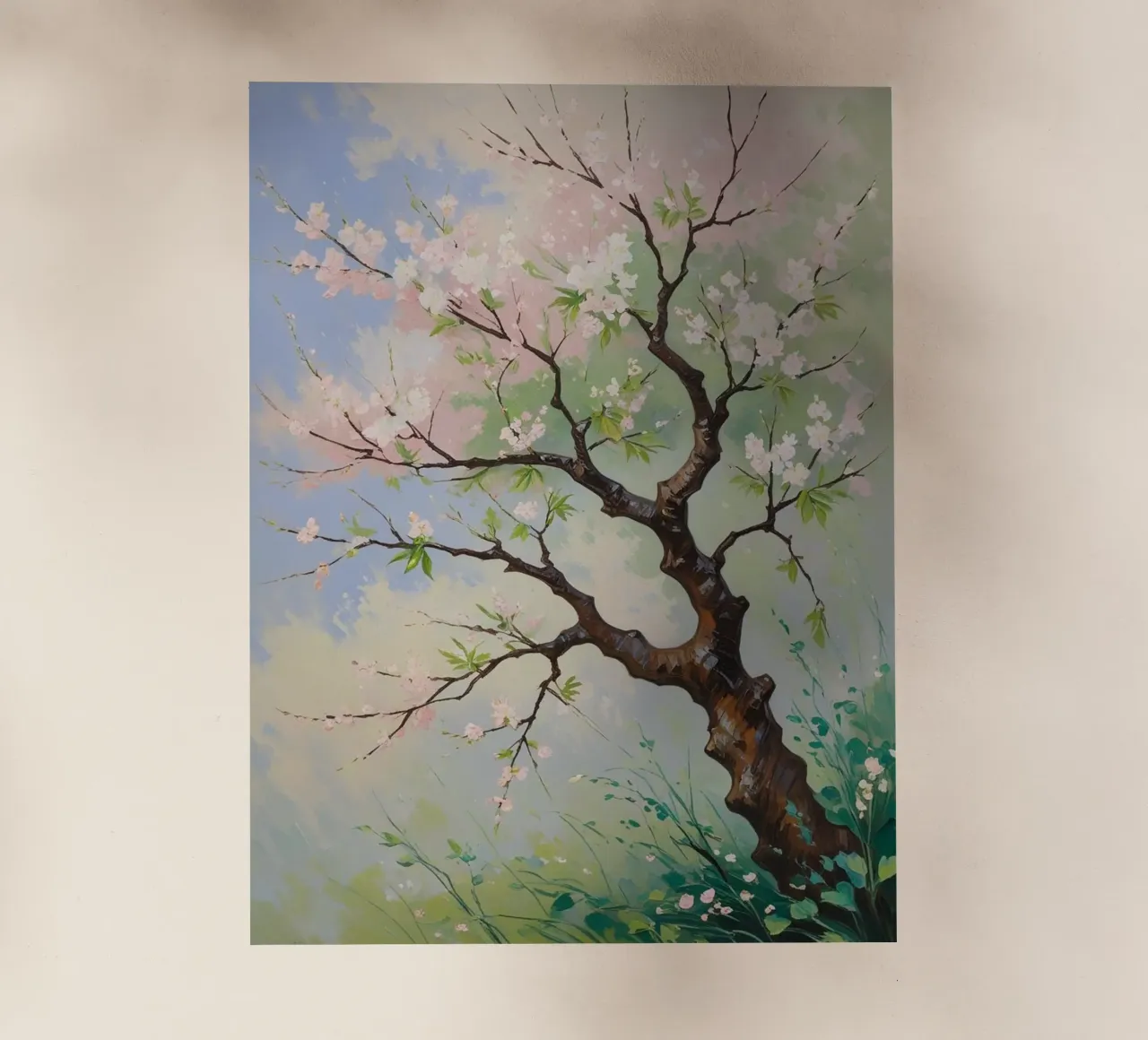 Serenità in fiore: Un vibrante dipinto a olio di un albero di ciliegio pellicola backlit da Artistic-shop