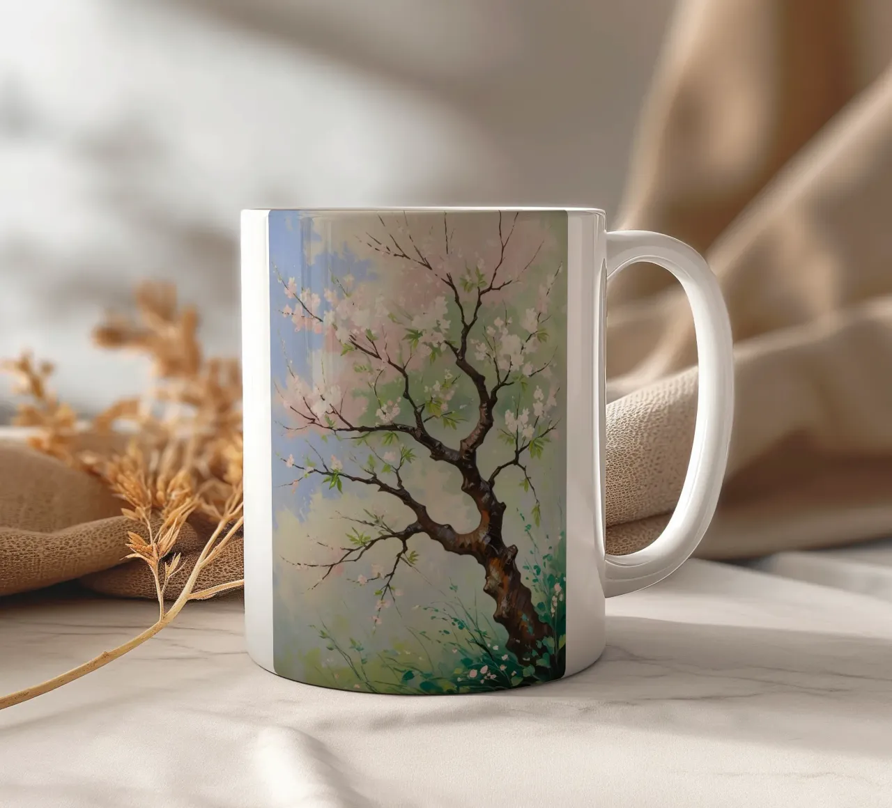 Serenità in fiore: Un vibrante dipinto a olio di un albero di ciliegio tazza in ceramica da Artistic-shop
