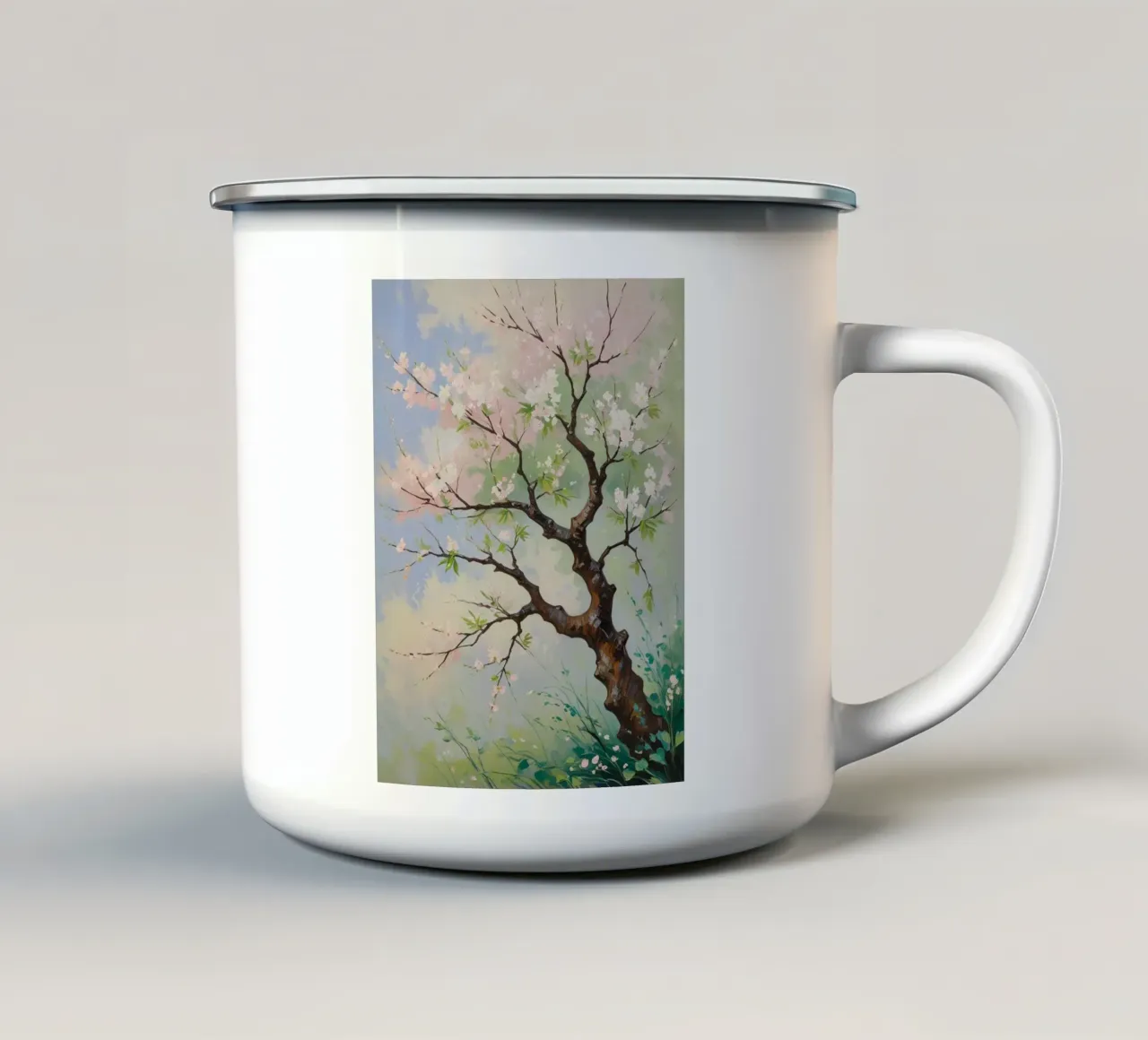 Serenità in fiore: Un vibrante dipinto a olio di un albero di ciliegio tazza in smalto da Artistic-shop