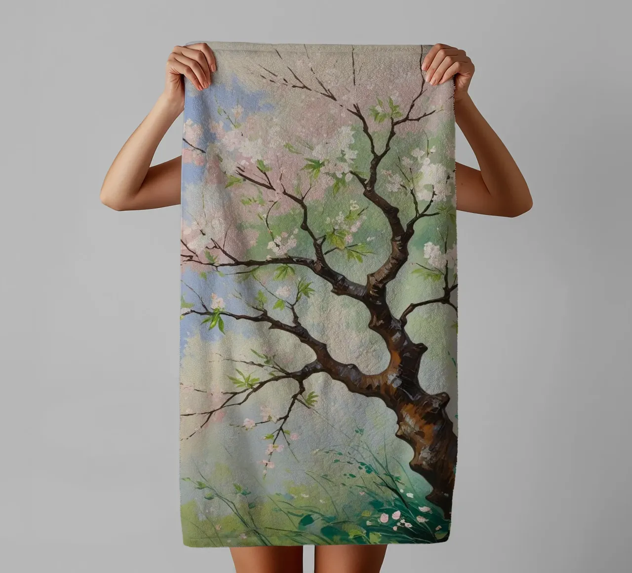 Serenità in fiore: Un vibrante dipinto a olio di un albero di ciliegio asciugamano da bagno da Artistic-shop