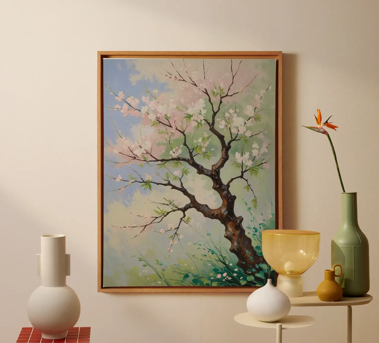 Serenità in fiore: Un vibrante dipinto a olio di un albero di ciliegio tela con Cornice a cassetta da Artistic-shop