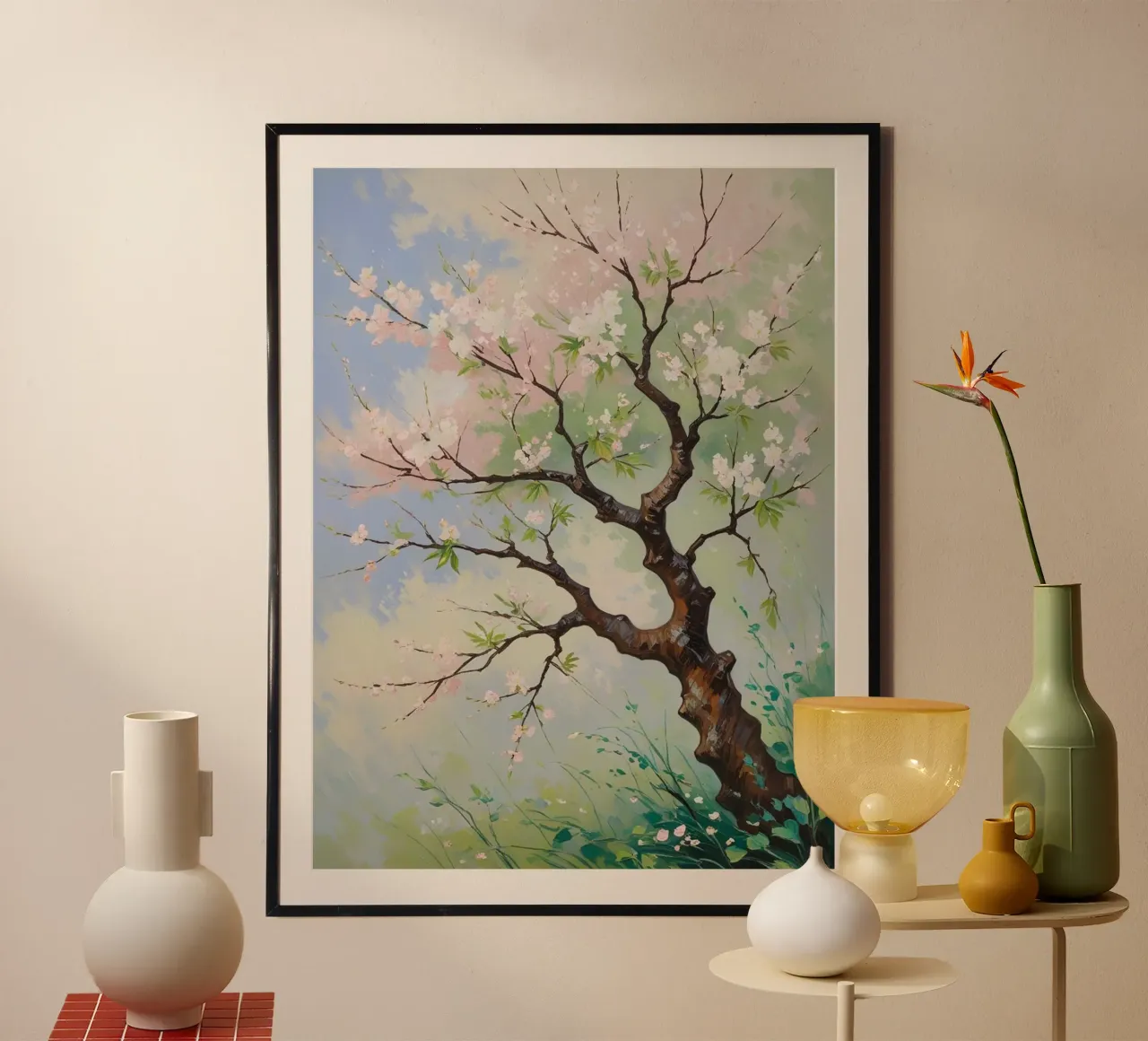 Serenità in fiore: Un vibrante dipinto a olio di un albero di ciliegio poster con telaio in legno da Artistic-shop