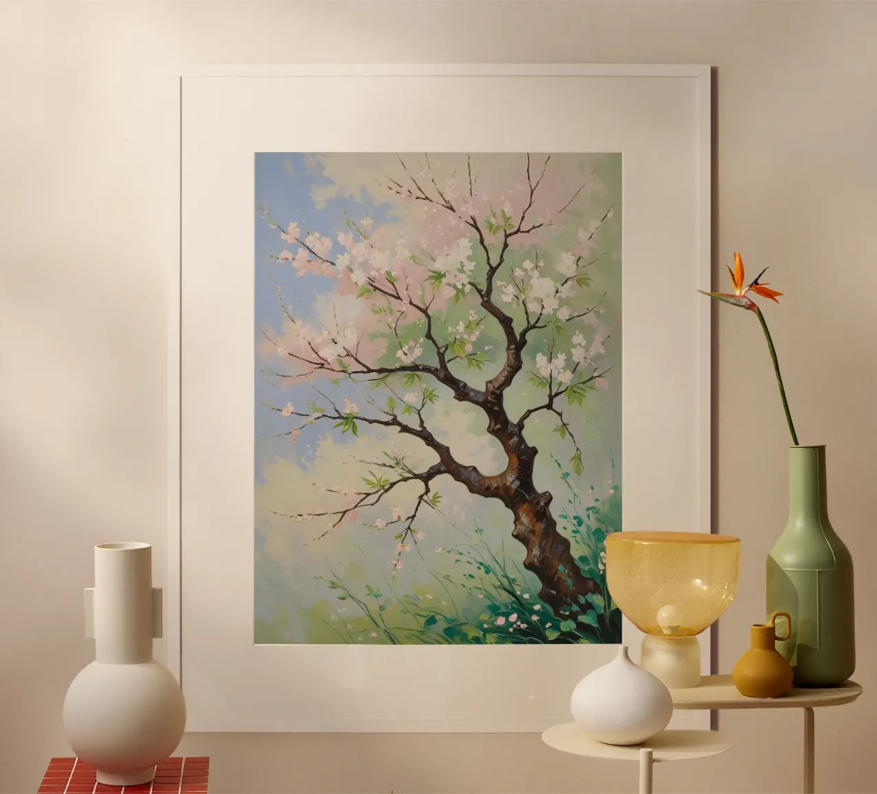 Serenità in fiore: Un vibrante dipinto a olio di un albero di ciliegio poster con telaio in legno da Artistic-shop