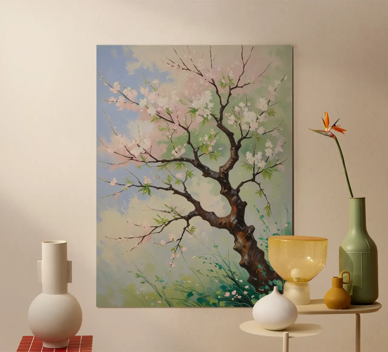 Serenità in fiore: Un vibrante dipinto a olio di un albero di ciliegio poster con telaio in legno da Artistic-shop