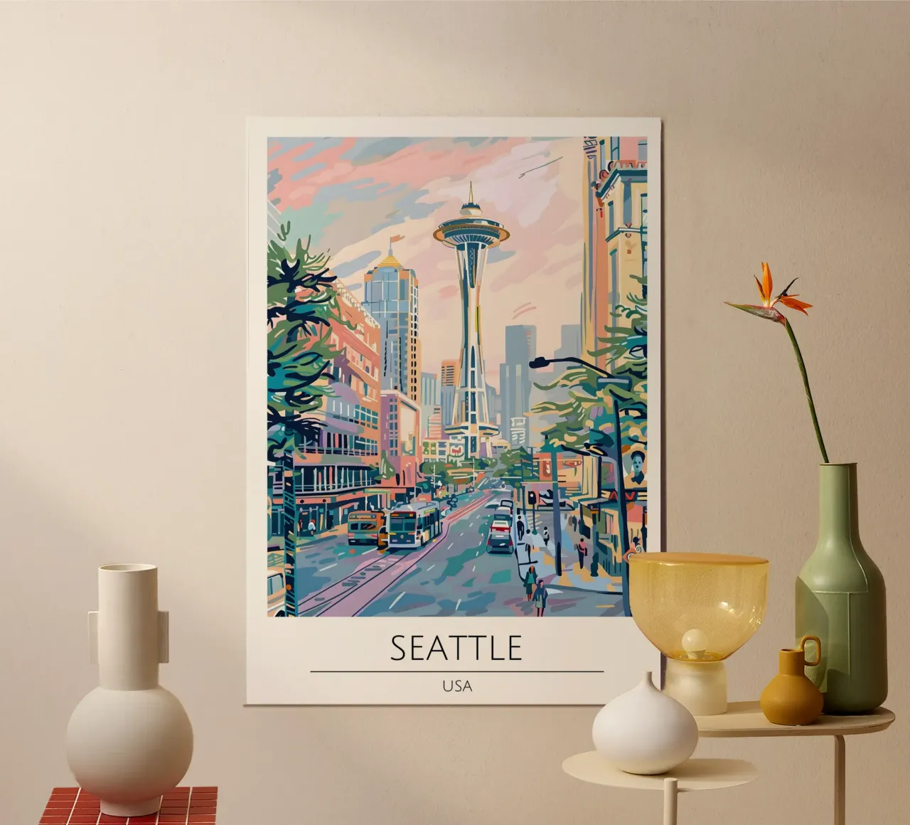 Paesaggio urbano pop art dell'ago spaziale di Seattle poster con telaio in plastica da homdeco