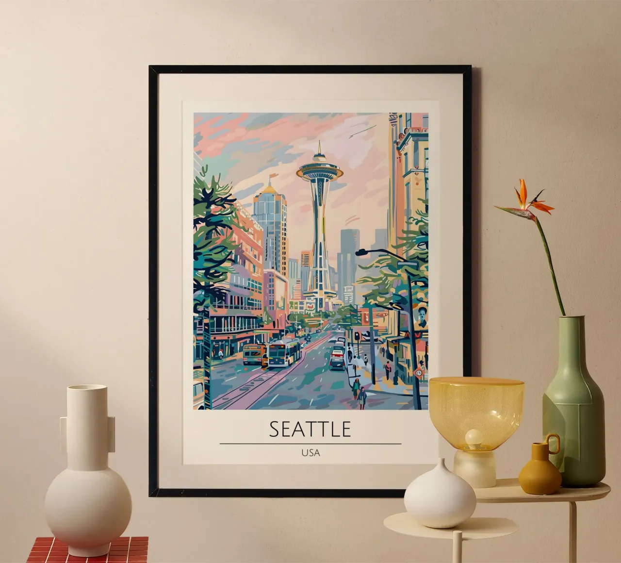 Paesaggio urbano pop art dell'ago spaziale di Seattle poster con telaio in plastica da homdeco