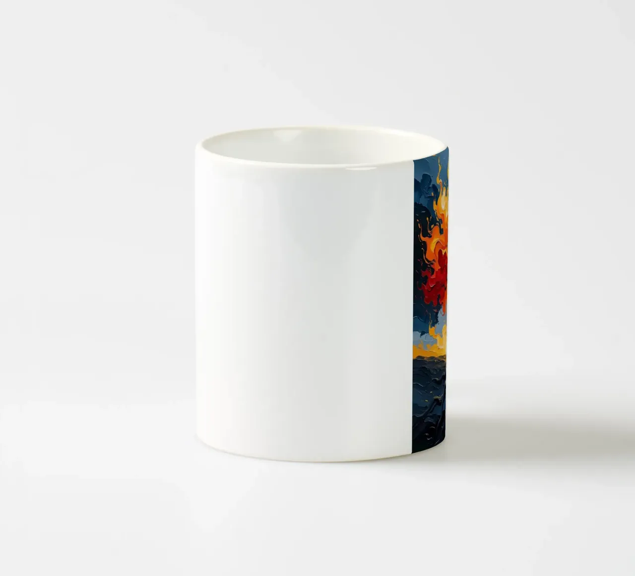 Ein flammendes Inferno: Ein texturiertes Ölgemälde eines lodernden T Keramik Tasse von Artistic-shop