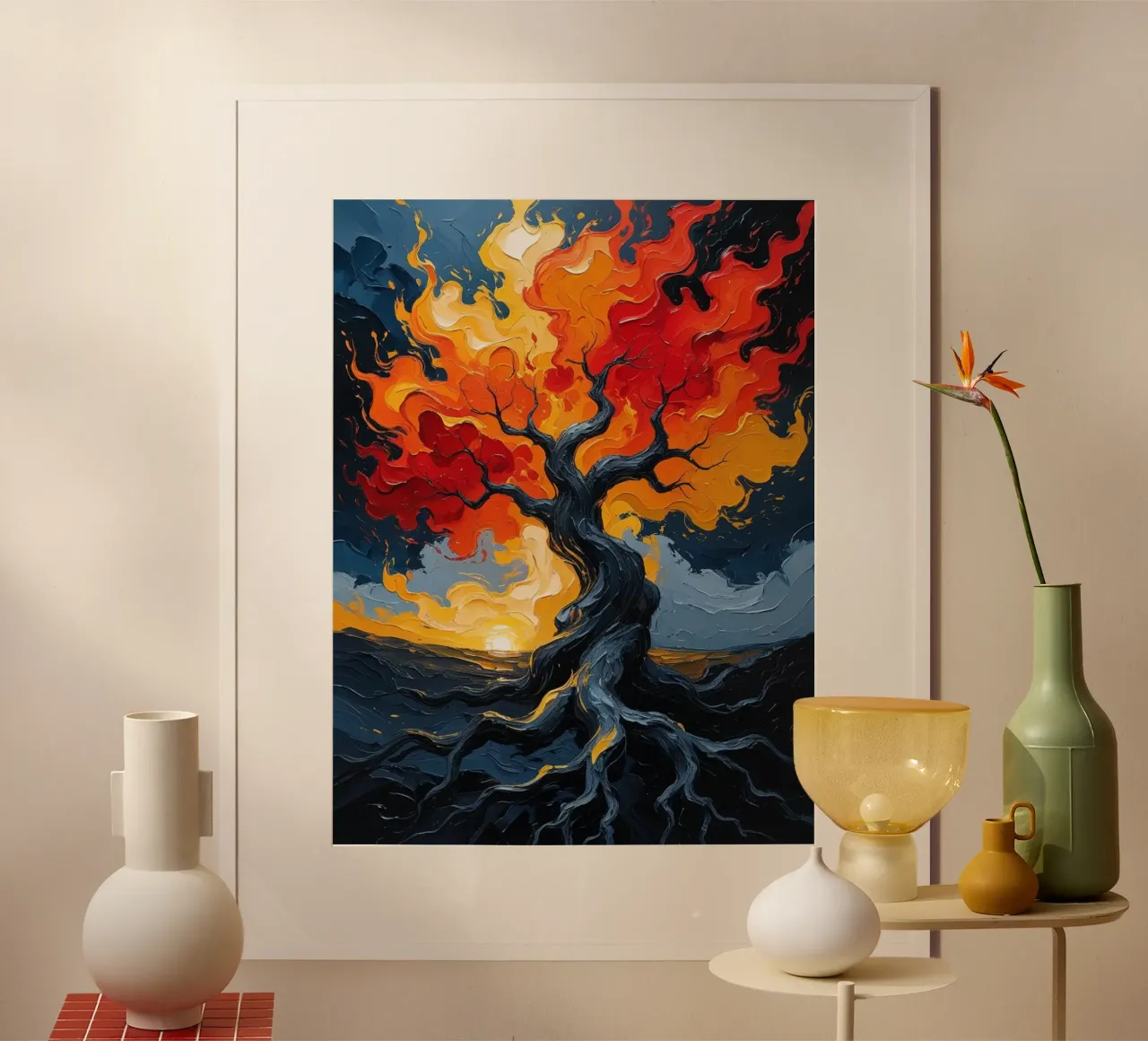 Un inferno fiammeggiante: Un dipinto a olio con texture di un T poster con telaio in alluminio da Artistic-shop