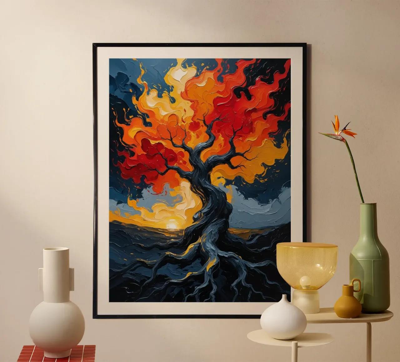 Un inferno fiammeggiante: Un dipinto a olio con texture di un T poster con telaio in alluminio da Artistic-shop