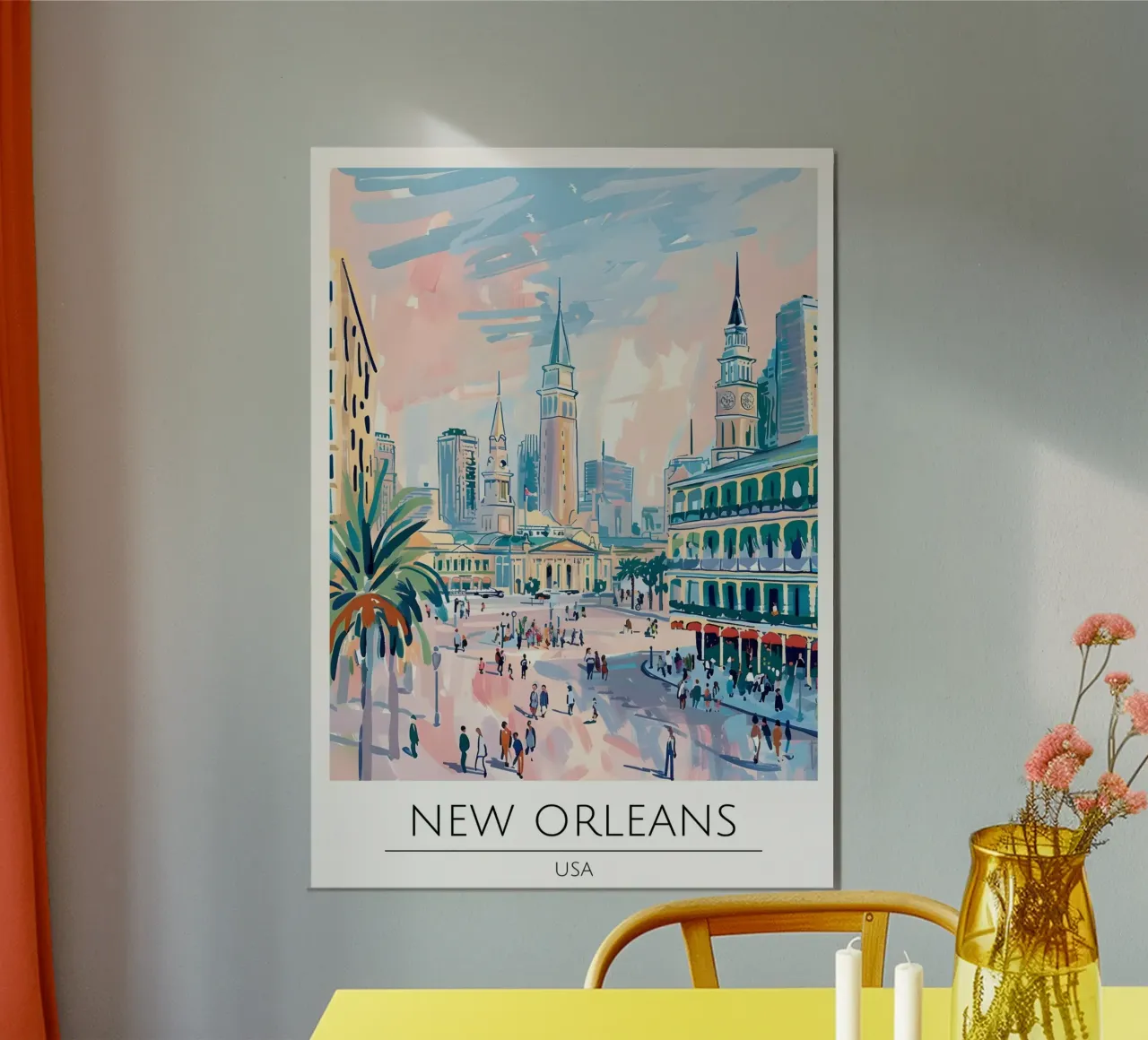 Poster di viaggio pop art con paesaggio urbano di New Orleans poster con telaio in plastica da homdeco