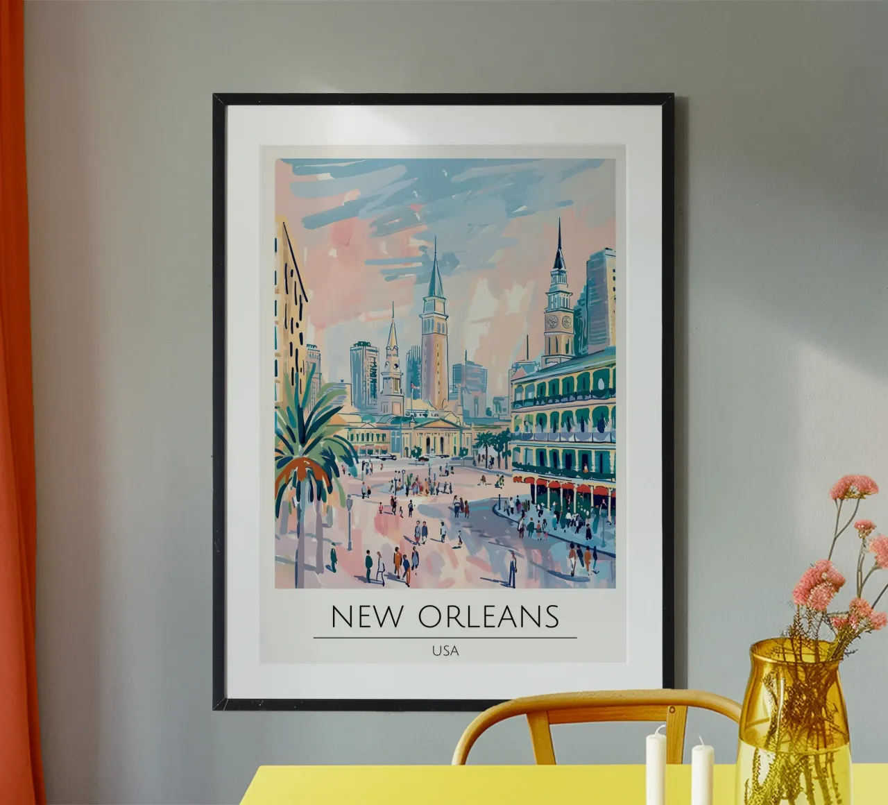 Poster di viaggio pop art con paesaggio urbano di New Orleans poster con telaio in plastica da homdeco