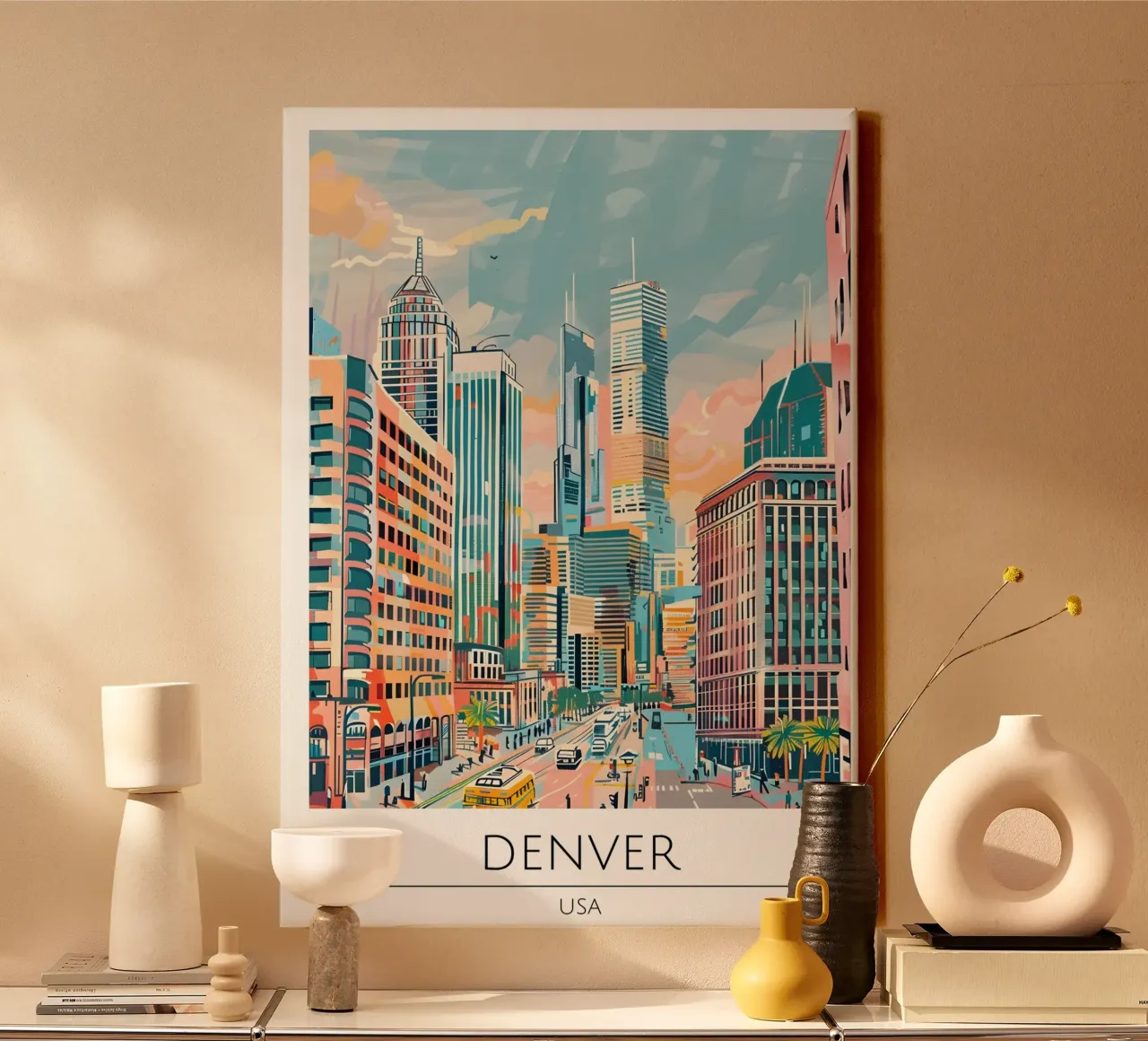 Denver Skyline Pop Art Stadsgezicht Poster canvas met Baklijst van homdeco