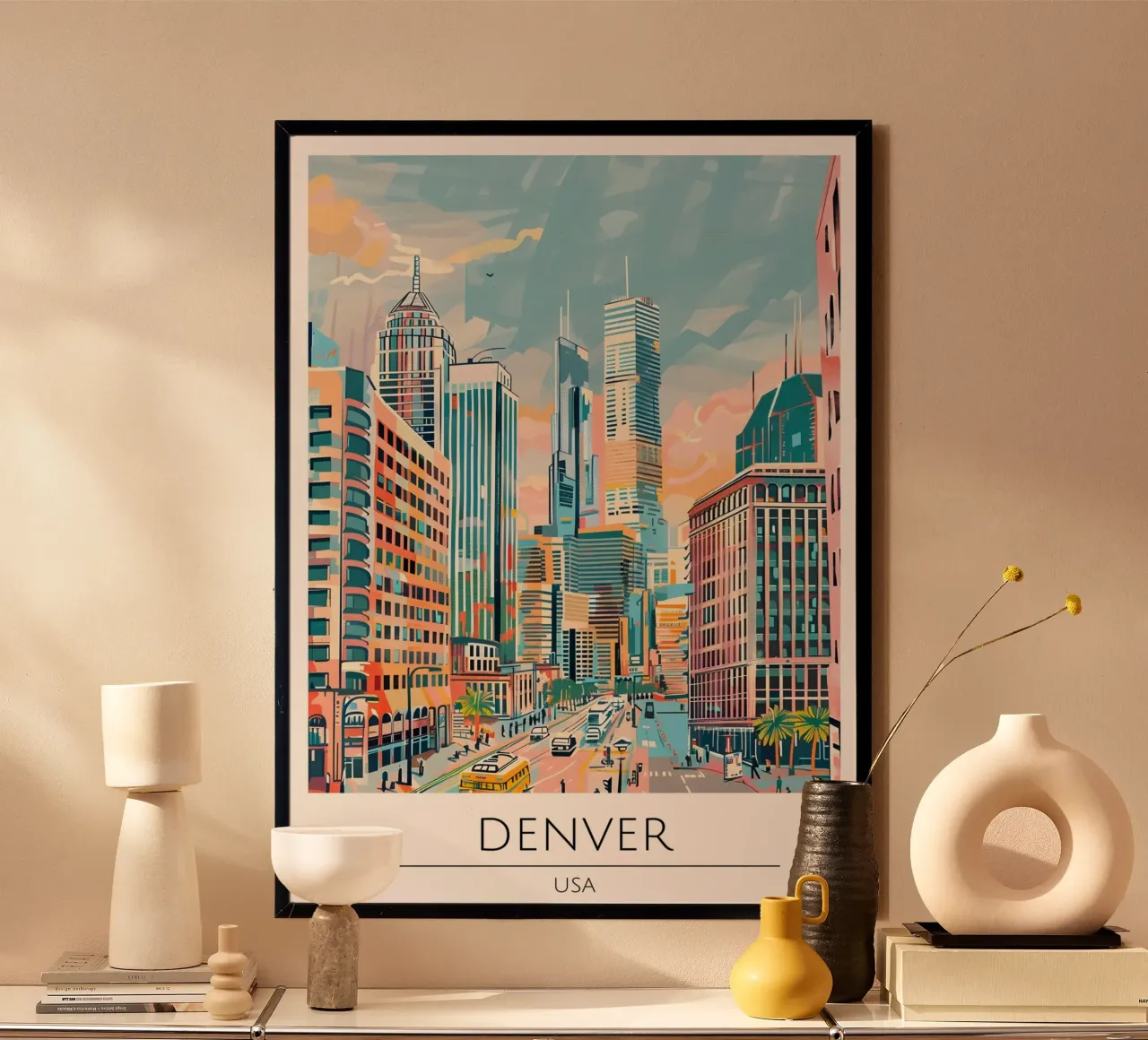 Denver Skyline Pop Art Cityscape Poster poster con telaio in alluminio da homdeco