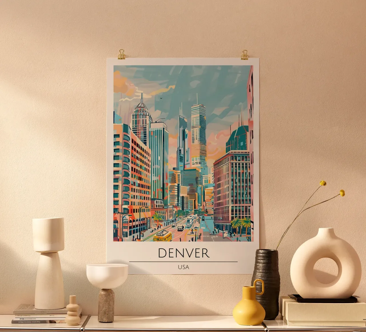 Denver Skyline Pop Art Cityscape Poster poster con telaio in alluminio da homdeco