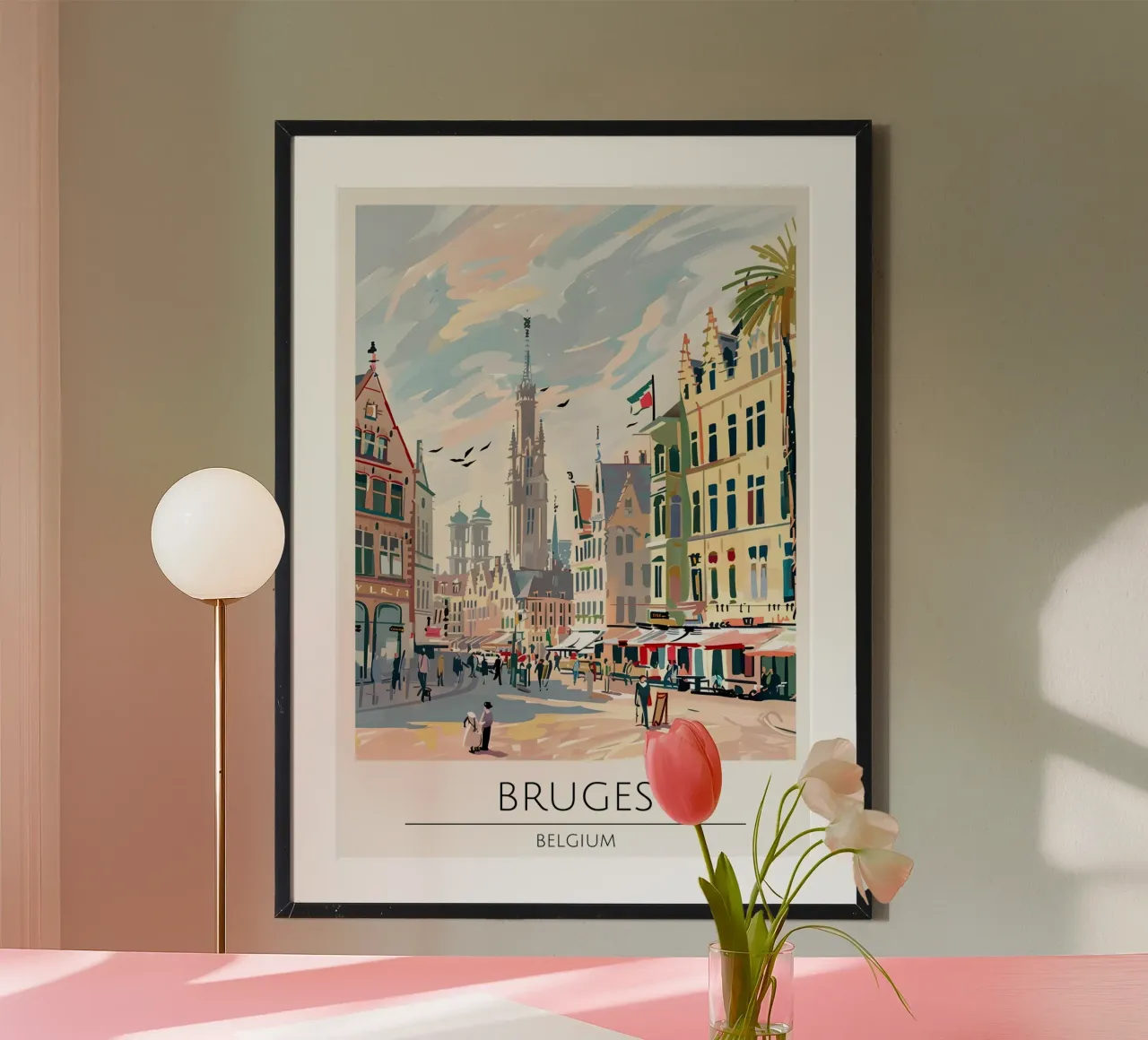 Bruges Mercato Pop Art Poster di viaggio Belgio poster con telaio in legno da homdeco