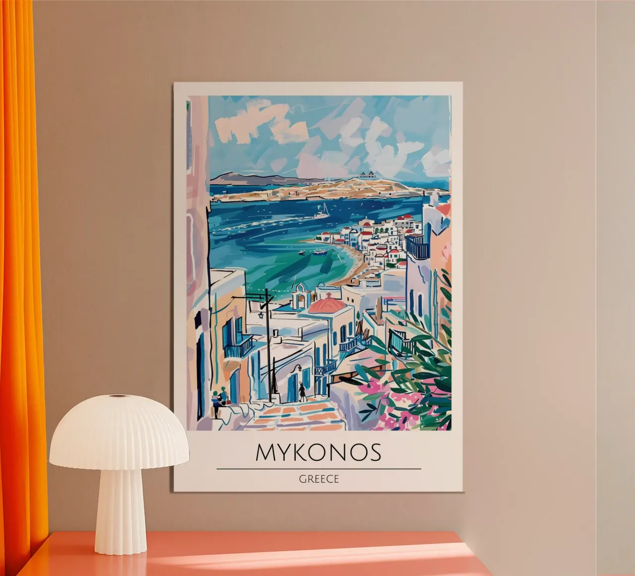 Poster di viaggio pop art della costa di Mykonos, Grecia poster con telaio in legno da homdeco