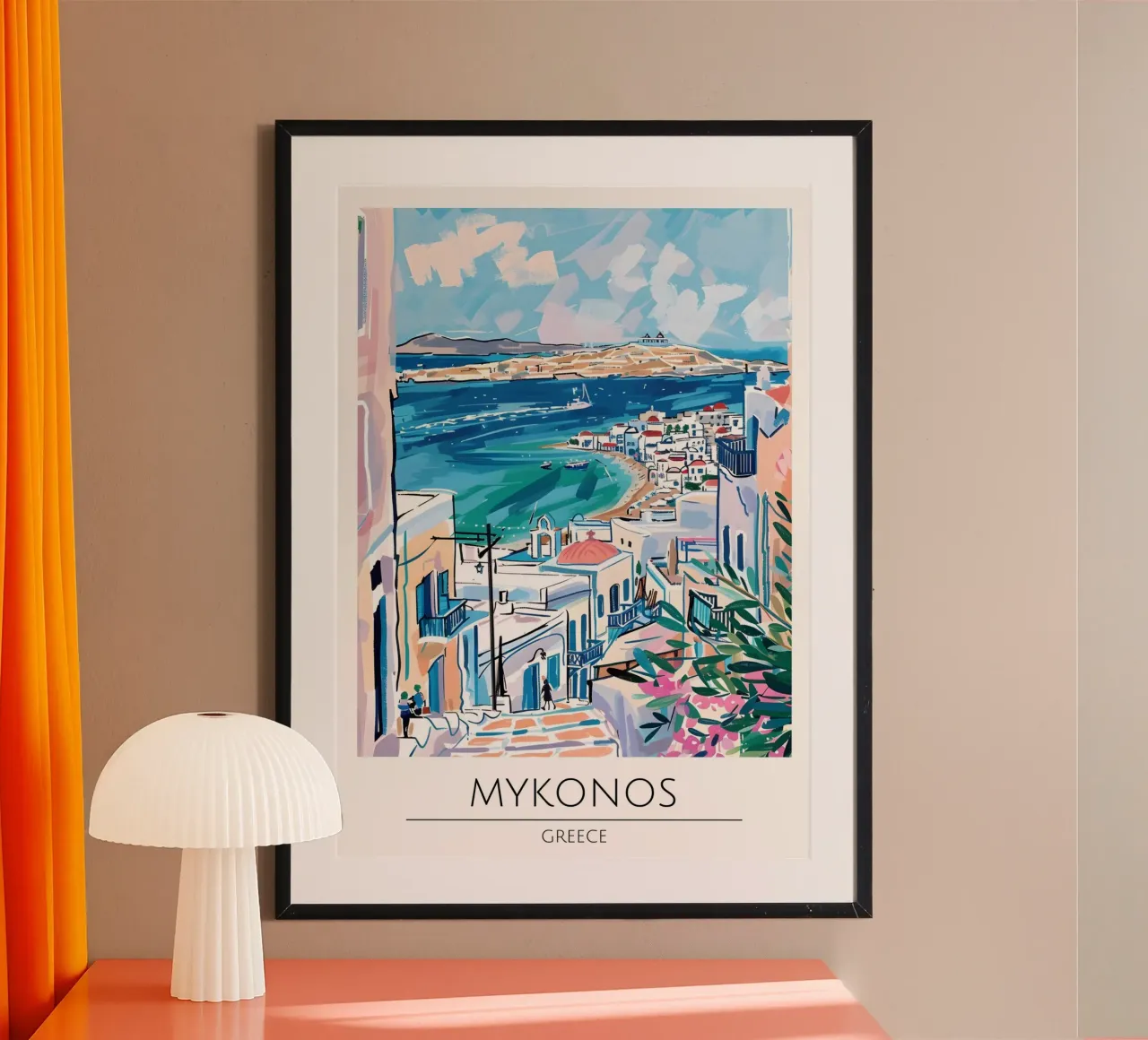 Poster di viaggio pop art della costa di Mykonos, Grecia poster con telaio in legno da homdeco