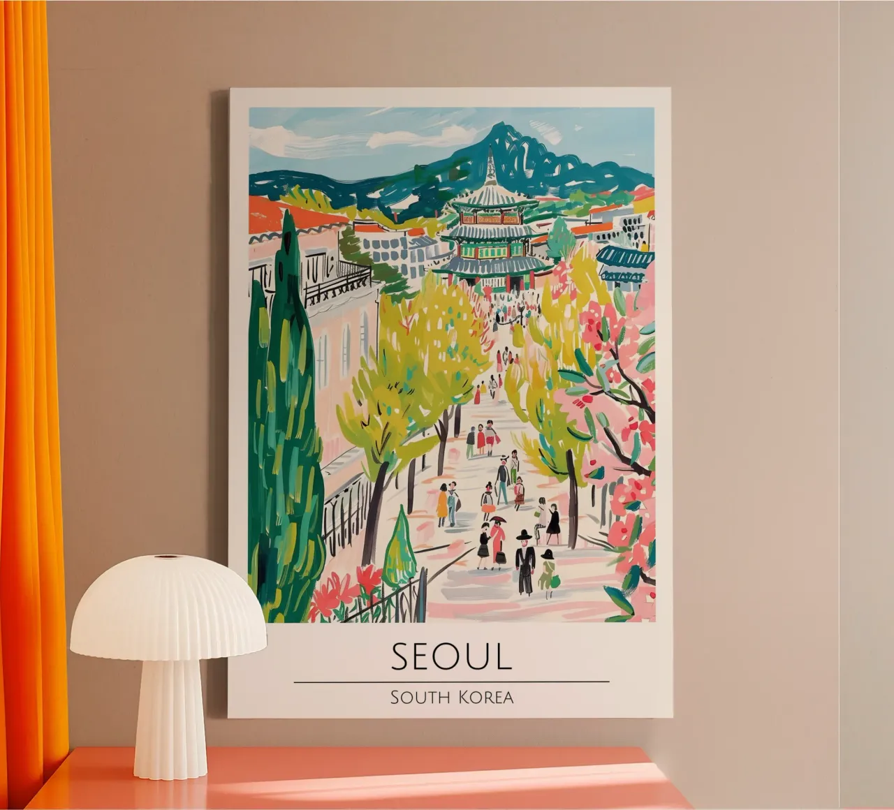 Seoul Palace Pop Art Reisposter Zuid-Korea canvas met Baklijst van homdeco