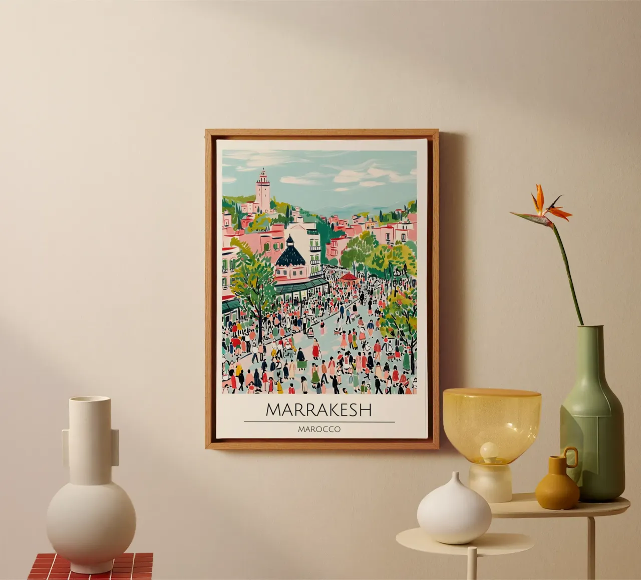 Marrakesh Cityscape Pop Art Poster di viaggio Marocco tela con Cornice a cassetta da homdeco