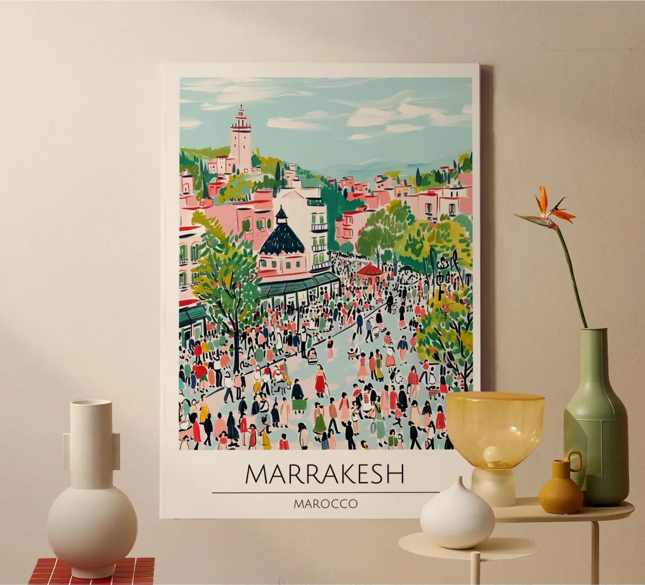 Marrakesh Cityscape Pop Art Poster di viaggio Marocco tela con Cornice a cassetta da homdeco