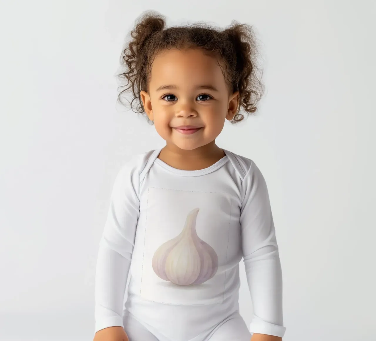 Cute Garlic – Smiley Veggie for Kids long-sleeve baby romper by Attaboy Dsgn