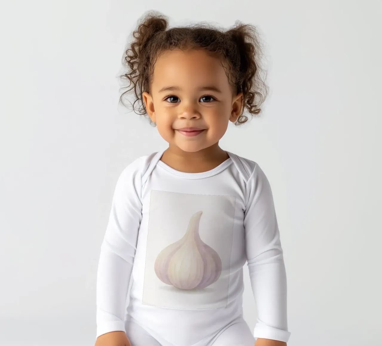 Cute Garlic – Smiley Veggie for Kids long-sleeve baby romper by Attaboy Dsgn