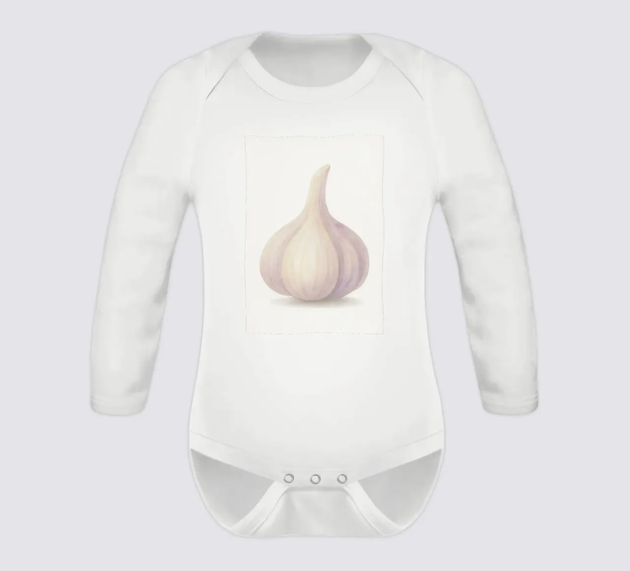 Cute Garlic – Smiley Veggie for Kids long-sleeve baby romper by Attaboy Dsgn