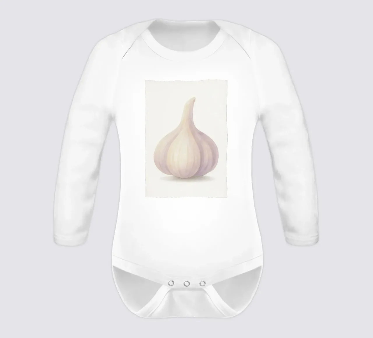 Cute Garlic – Smiley Veggie for Kids long-sleeve baby romper by Attaboy Dsgn