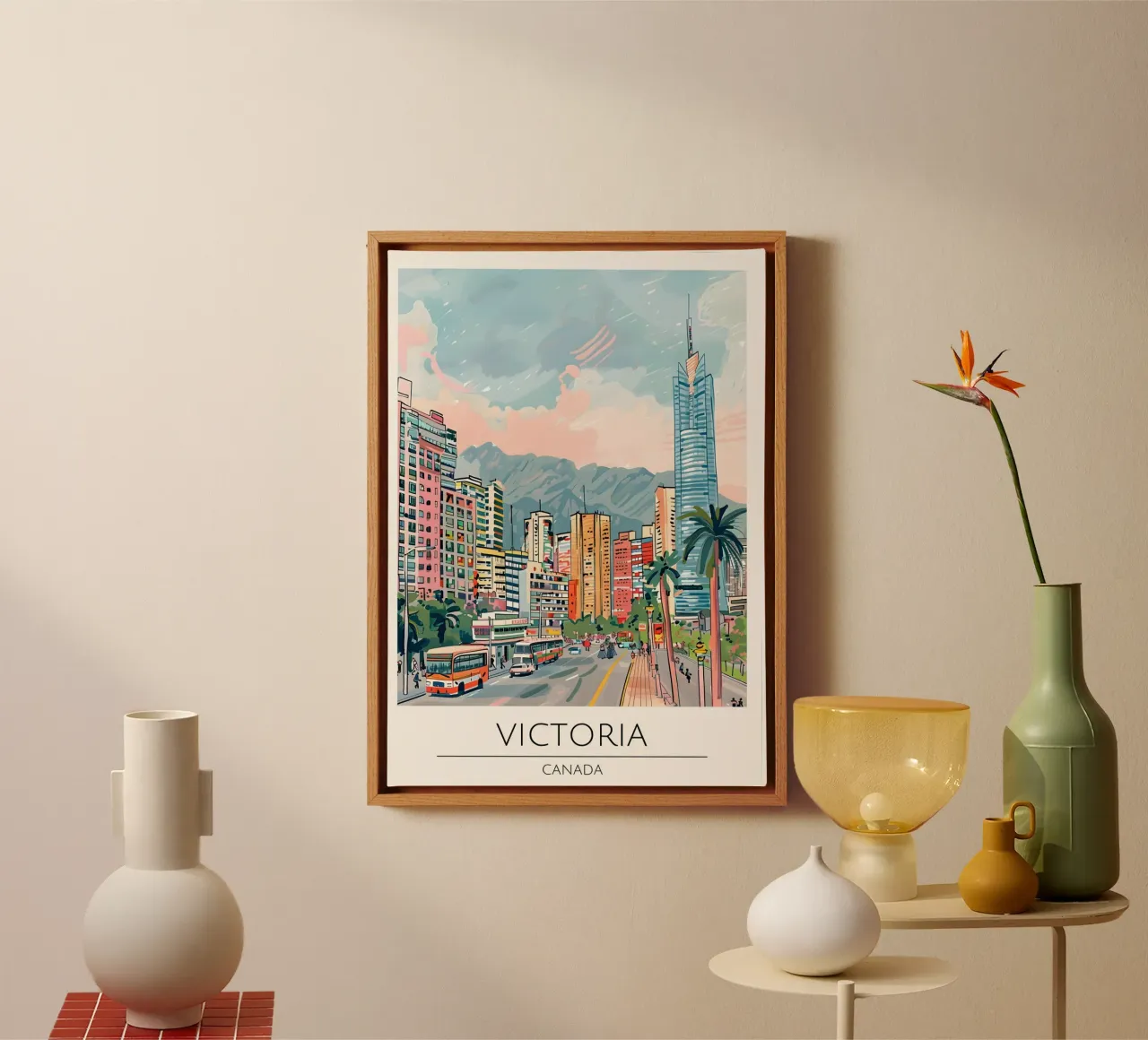 Victoria BC Stadsgezicht Pop Art Reis Poster canvas met Baklijst van homdeco