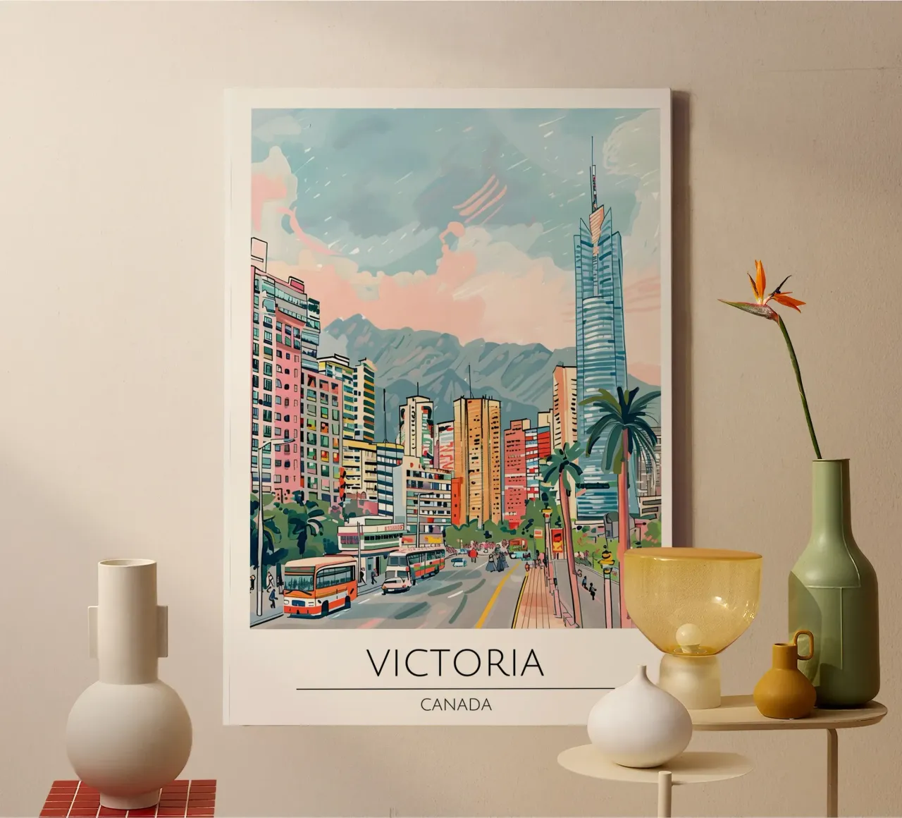 Victoria BC Stadsgezicht Pop Art Reis Poster canvas met Baklijst van homdeco