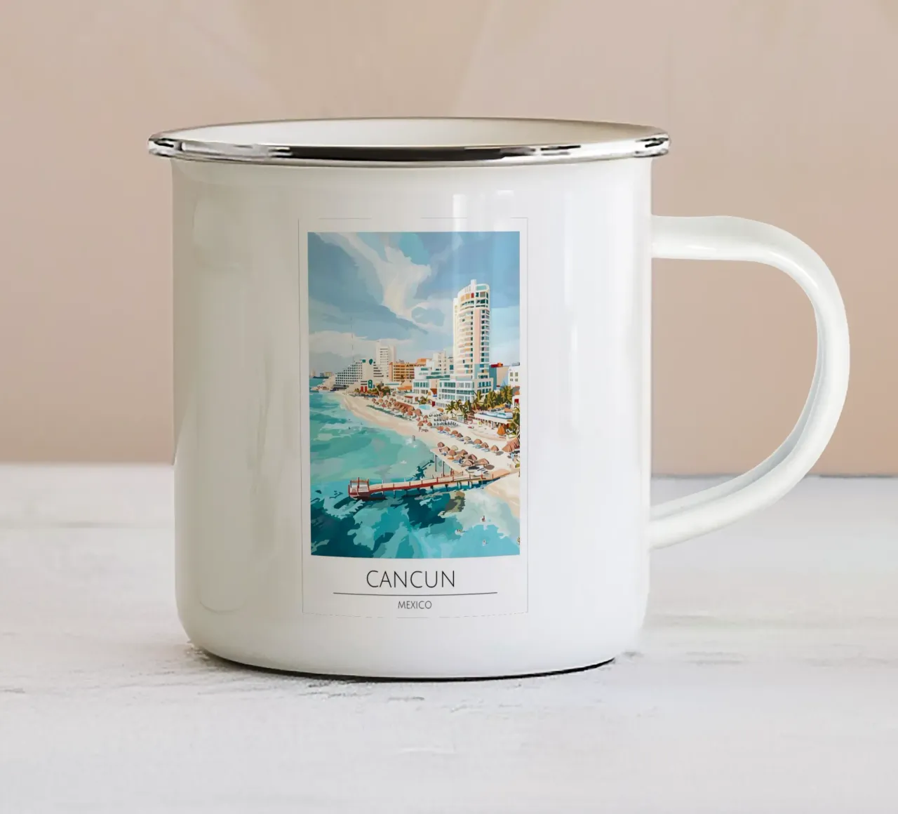 Poster di viaggio Pop Art di Cancun Messico tazza in smalto da homdeco