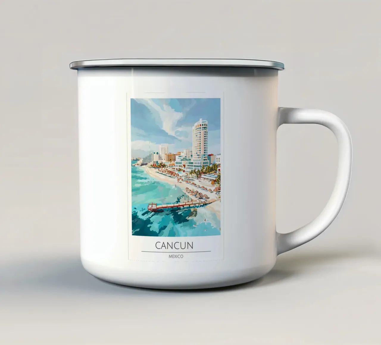 Poster di viaggio Pop Art di Cancun Messico tazza in smalto da homdeco