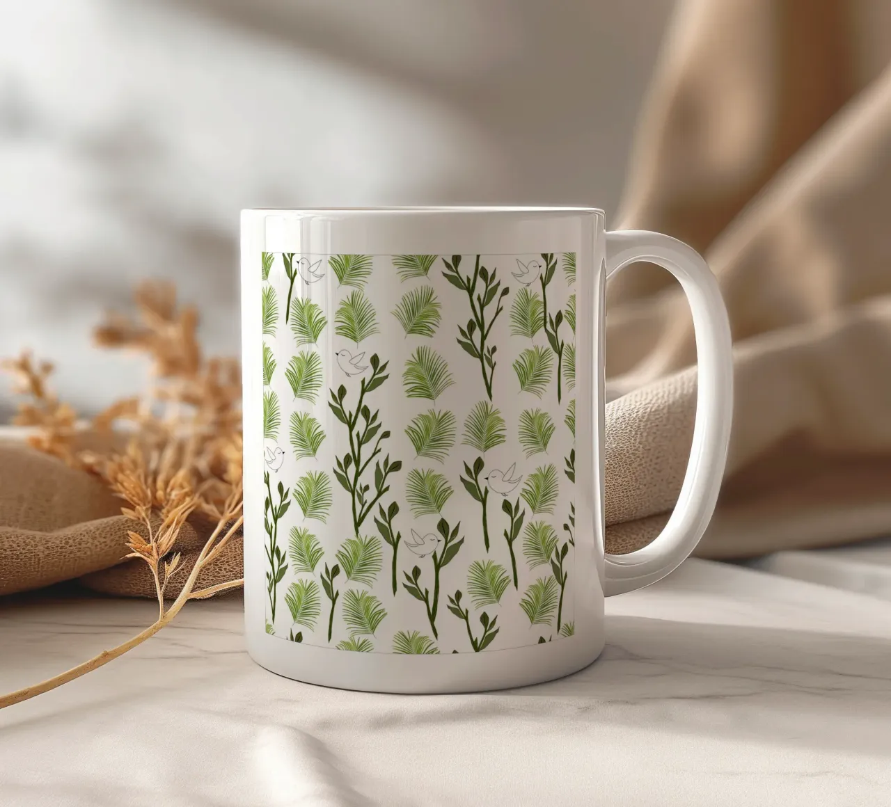 Albero uccelli e foglie di palma modello tropicale minimal tazza in ceramica da gulsengunel