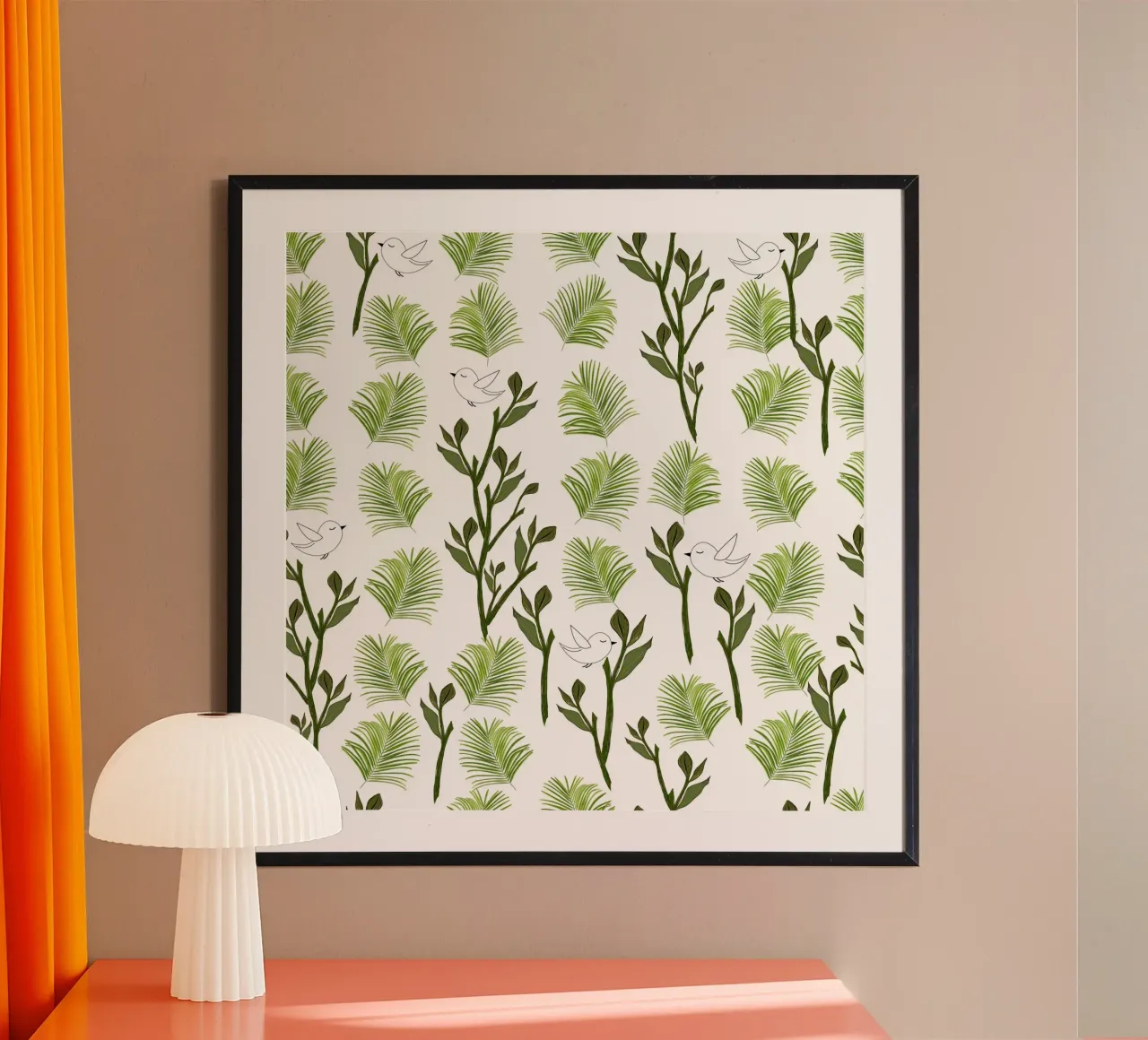 Albero uccelli e foglie di palma modello tropicale minimal poster con telaio in plastica da gulsengunel