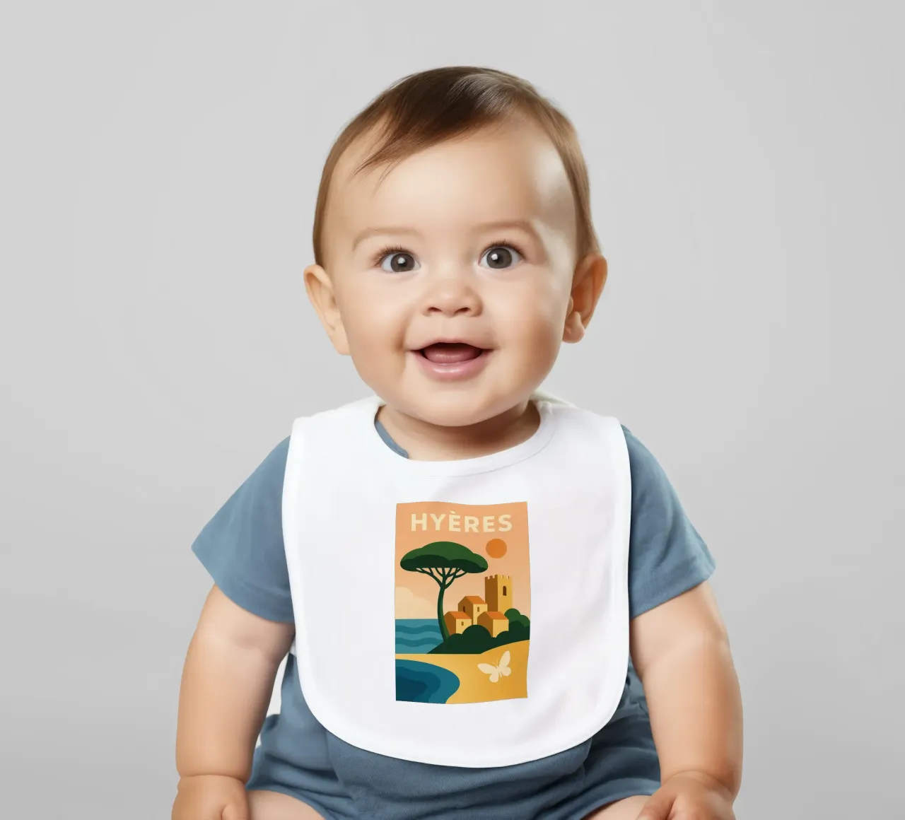Hyères, the gentle way of life between sea and hills baby bib by JETLAG | affiches voyage