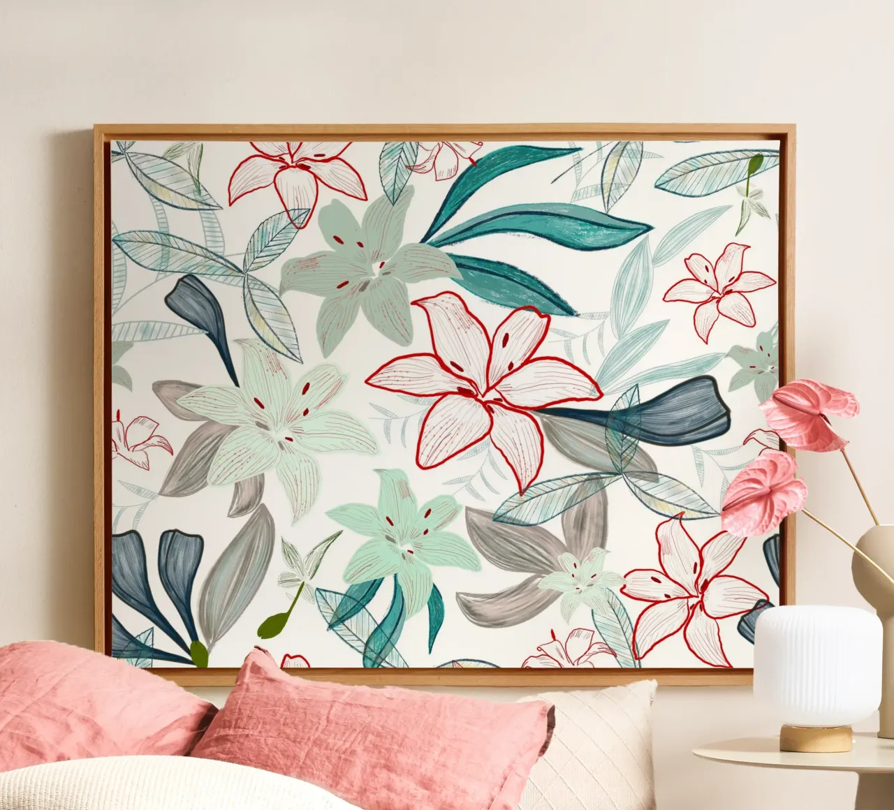 Exotic lily hand painted artistic pattern canvas with Floater frame by gulsengunel
