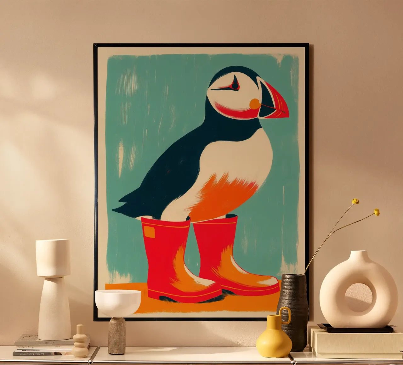 Puffin avec bottes en caoutchouc rouges | Islande Poster poster de Autofocus