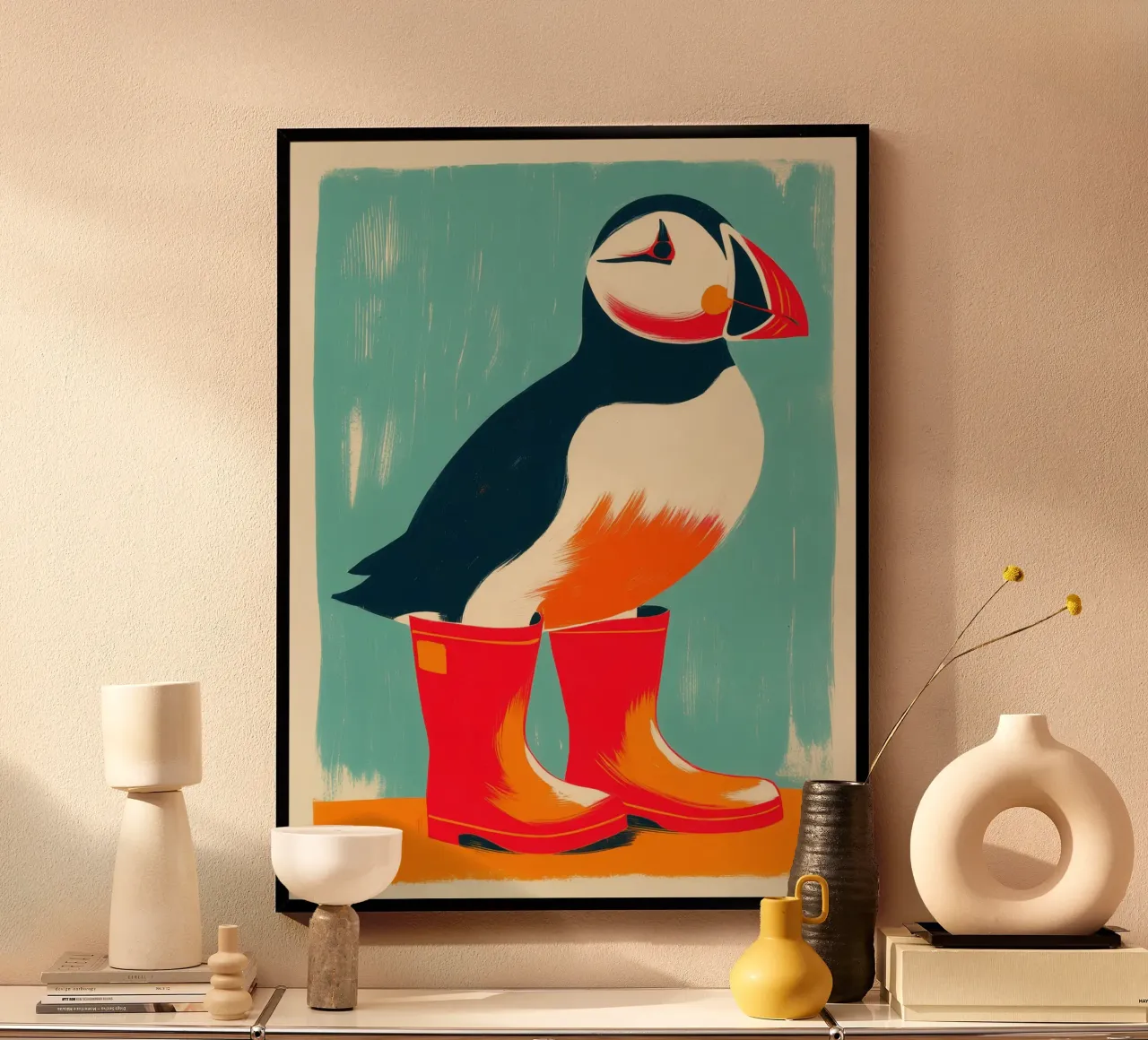 Puffin avec bottes en caoutchouc rouges | Islande Poster poster de Autofocus