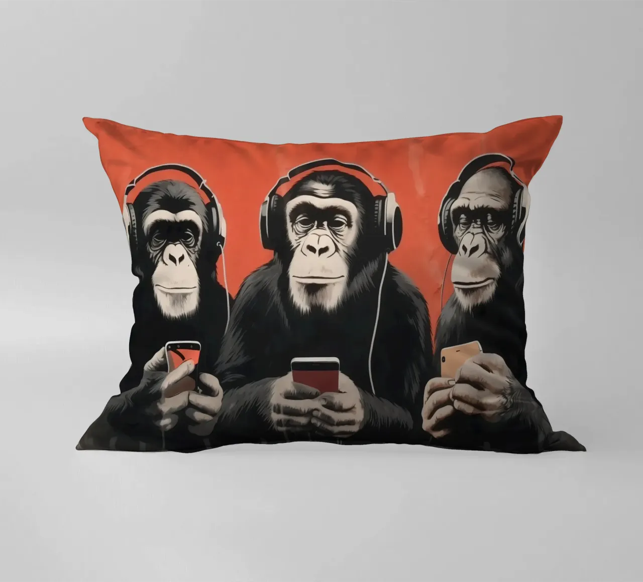 Tre scimmie con cuffie e smartphone in stile Banksy cuscino da Autofocus